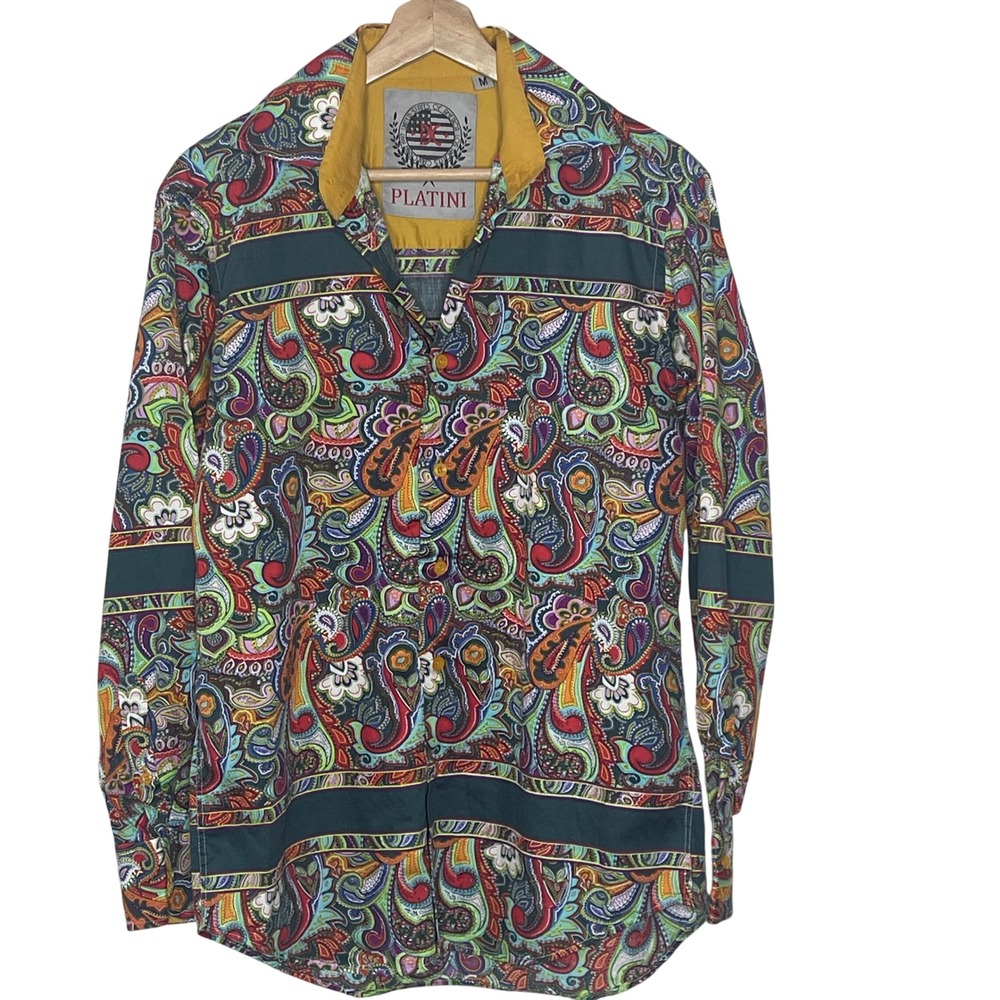 Platini Mens Paisley Button Down Shirt Multicolor‎ Long Sleeve Cotton Size M